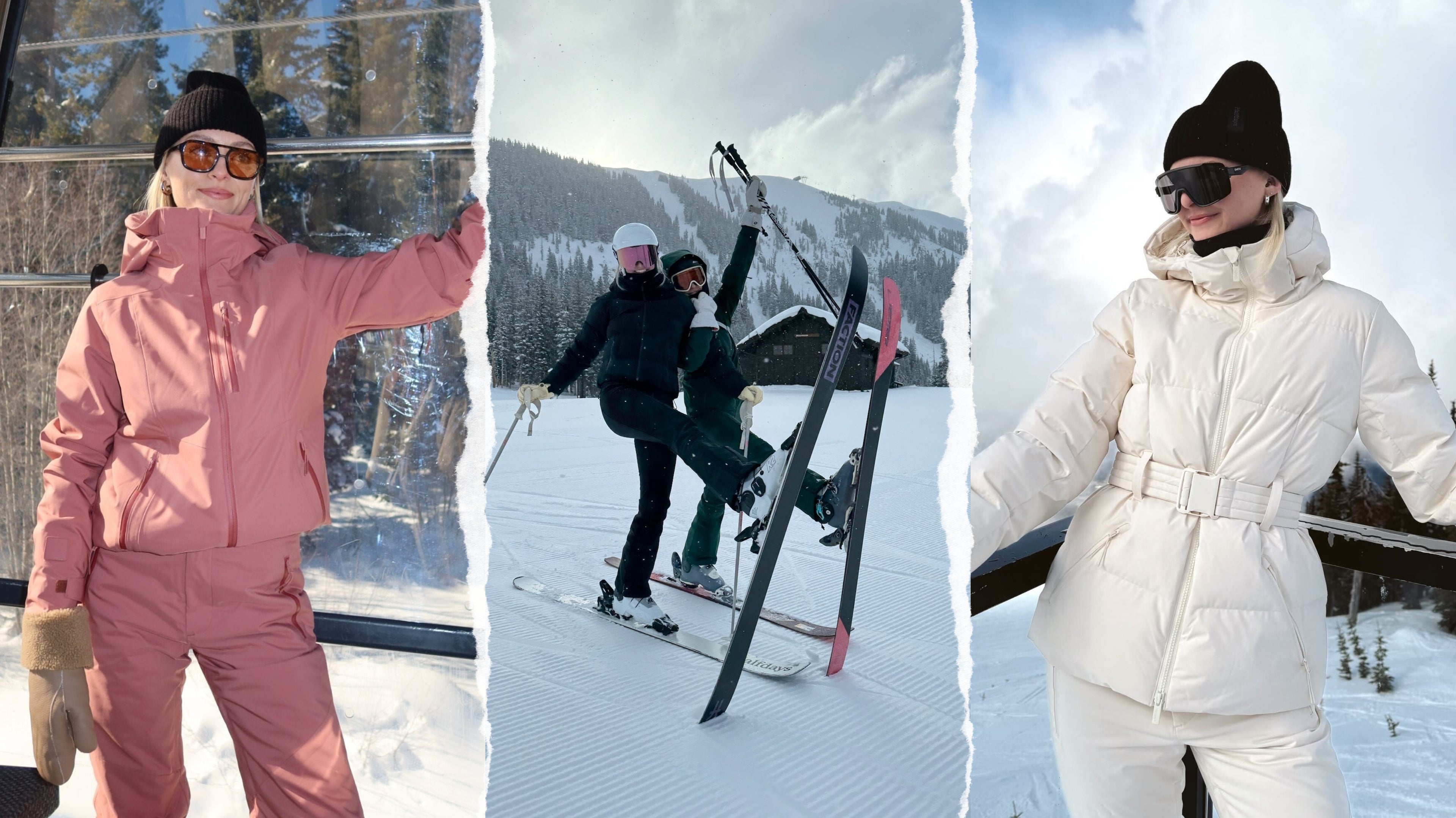 Halfdays founders pose in stylish winter outfits while skiing. One in ILIA pink and the other in cream, both wearing beanies and sunglasses in a snowy setting.