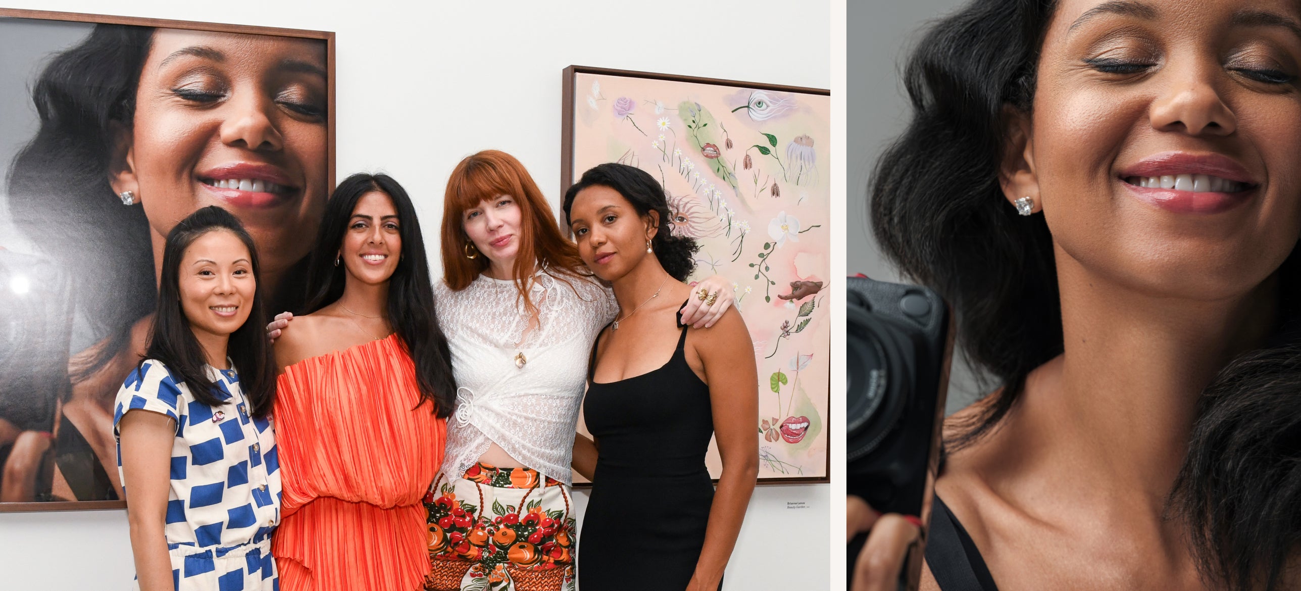 Photographer Jaimie Milner smiling with with eyes closed with her camera in hand next to a photo with her and other Tappan Artists posing for the camera.